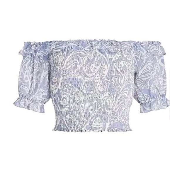 NWT EXPRESS SMOCKED CROPPED RUFFLE OFF THE SHOULDER PAISLEY TOP XLARGE - Picture 2 of 6
